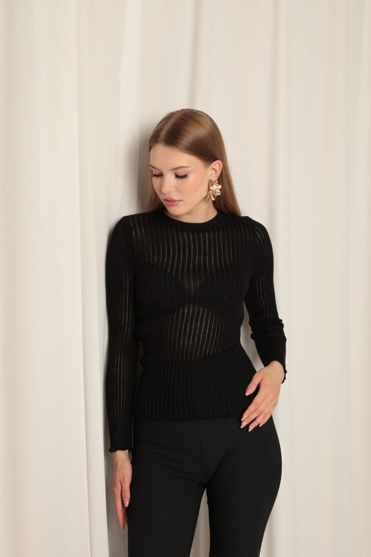 Knitwear Fabric Crew Neck Women's Black Blouse - trendynow