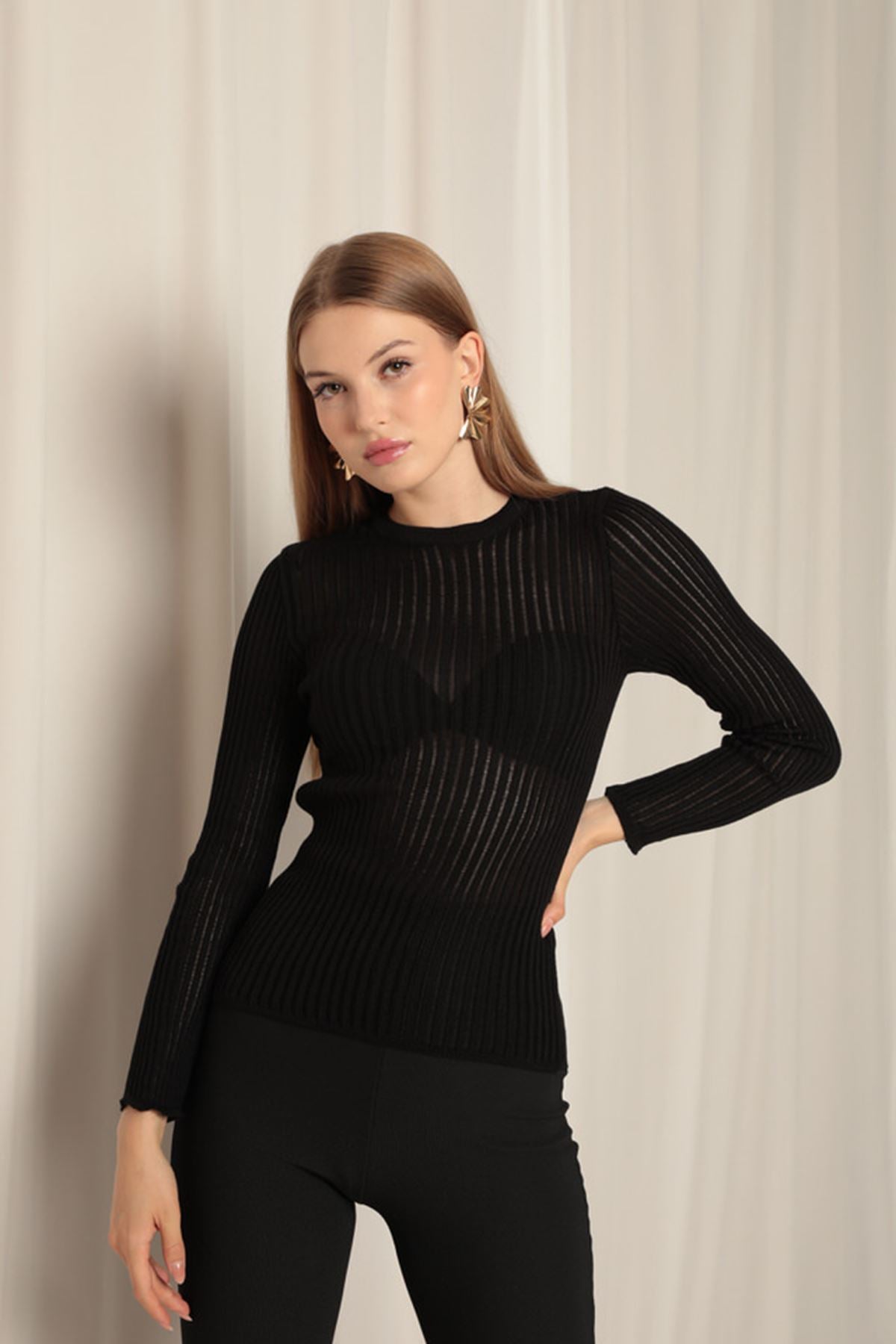 Knitwear Fabric Crew Neck Women's Black Blouse - trendynow