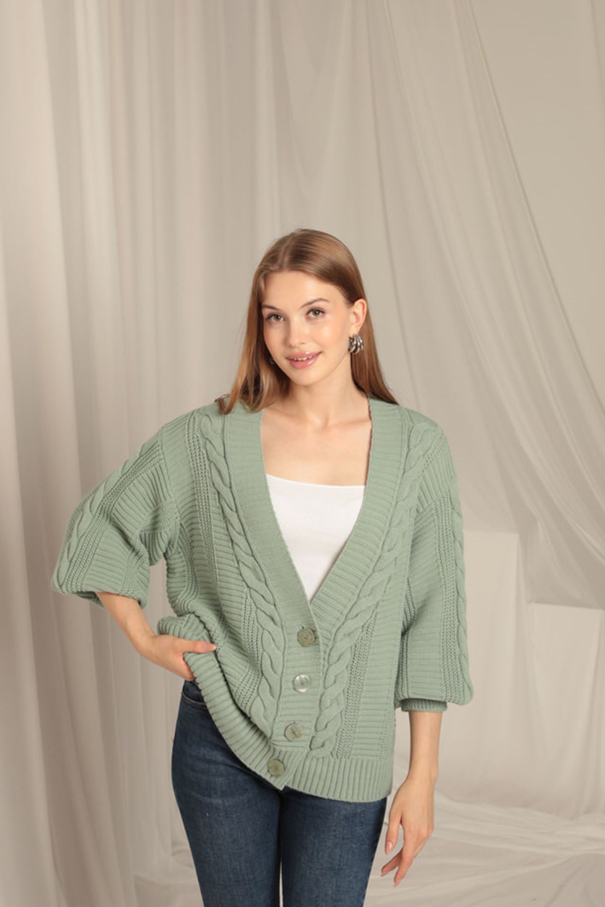 Knitwear Fabric Knit Detailed Women's Mint Cardigan - trendynow