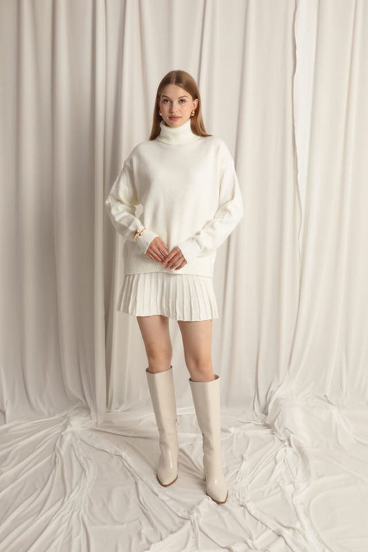 Knitwear Fabric Turtleneck Sweater white Skirt Set - trendynow