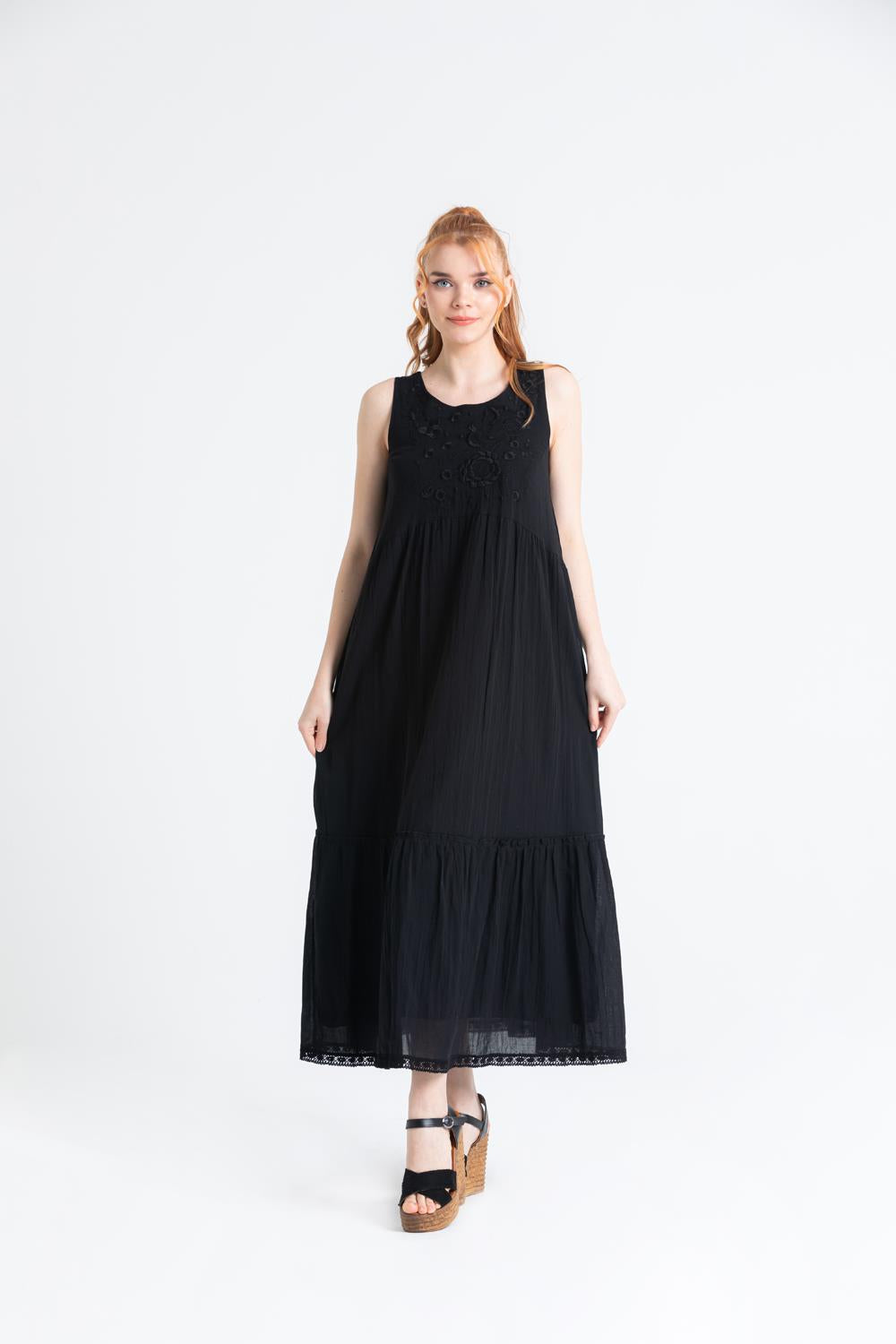 Sleeveless Sile Cloth Embroidered Maxi Dress with Tie-back Detail - trendynow