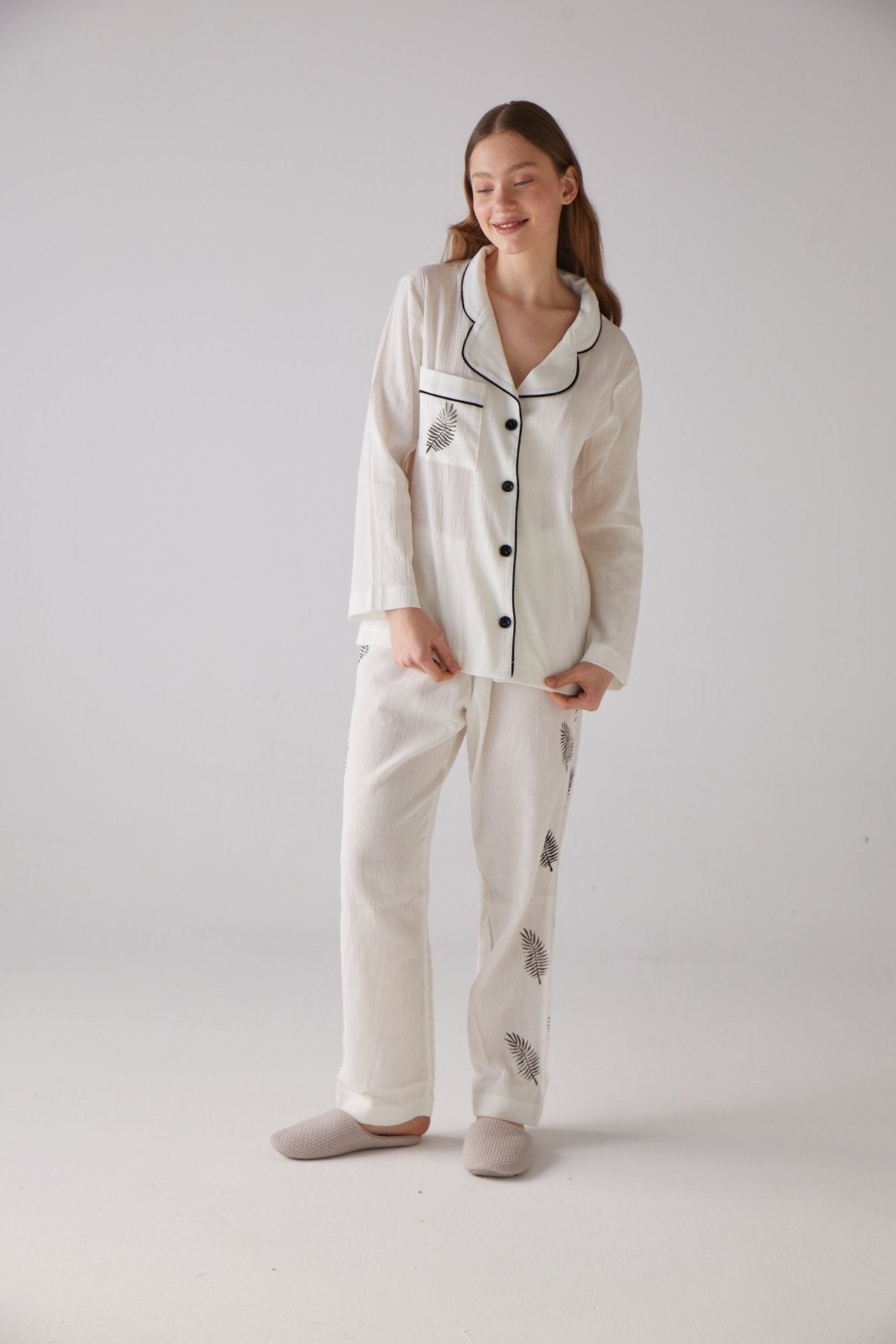 Leaf Pattern White Long Pyjama Set - 100% Organic Cotton - trendynow