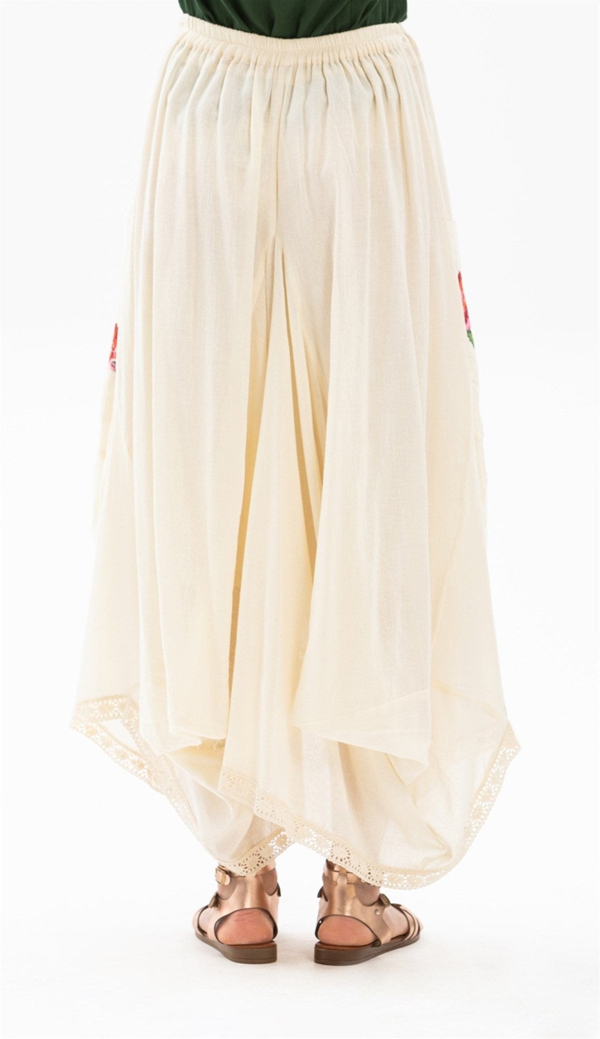 Long Skirt With Cross - stitch Embroidered And Lace - up Waist - trendynow