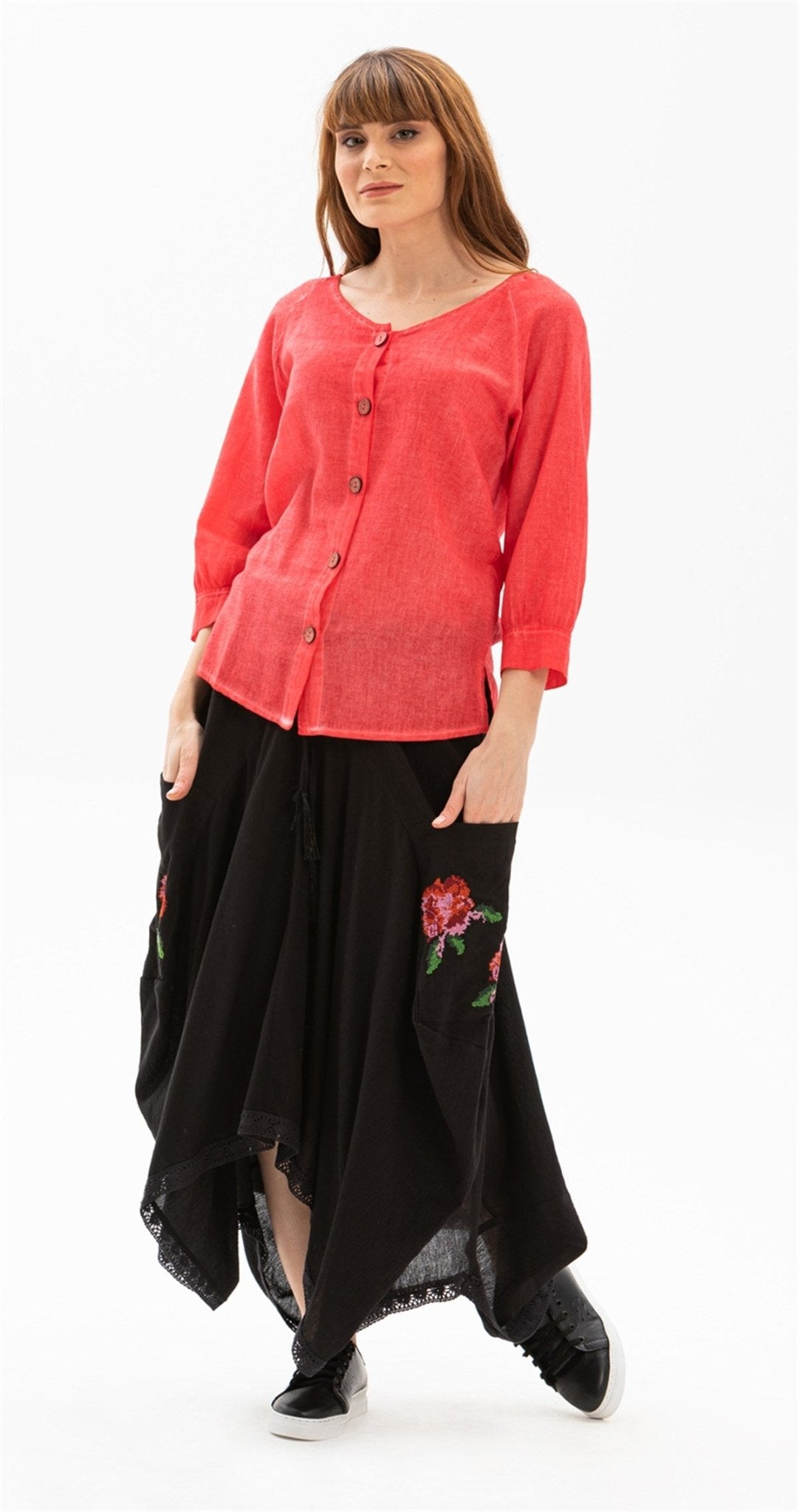 Long Skirt With Cross - stitch Embroidered And Lace - up Waist - trendynow