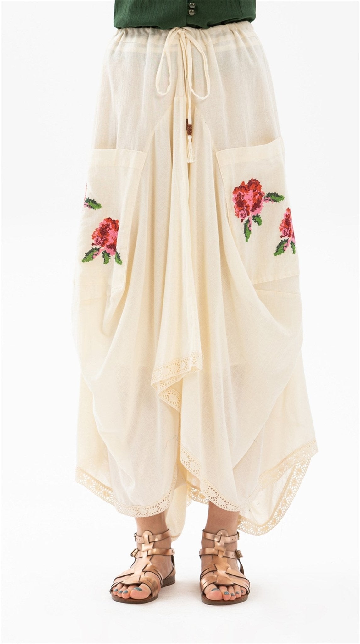 Long Skirt With Cross - stitch Embroidered And Lace - up Waist - trendynow