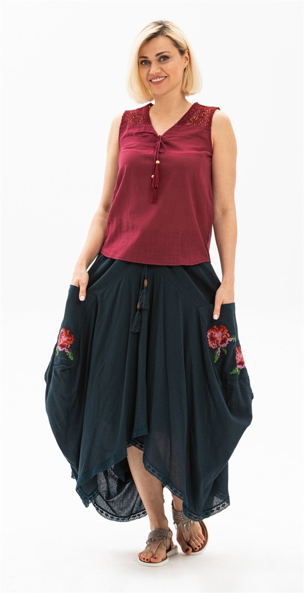 Long Skirt With Cross - stitch Embroidered And Lace - up Waist - trendynow