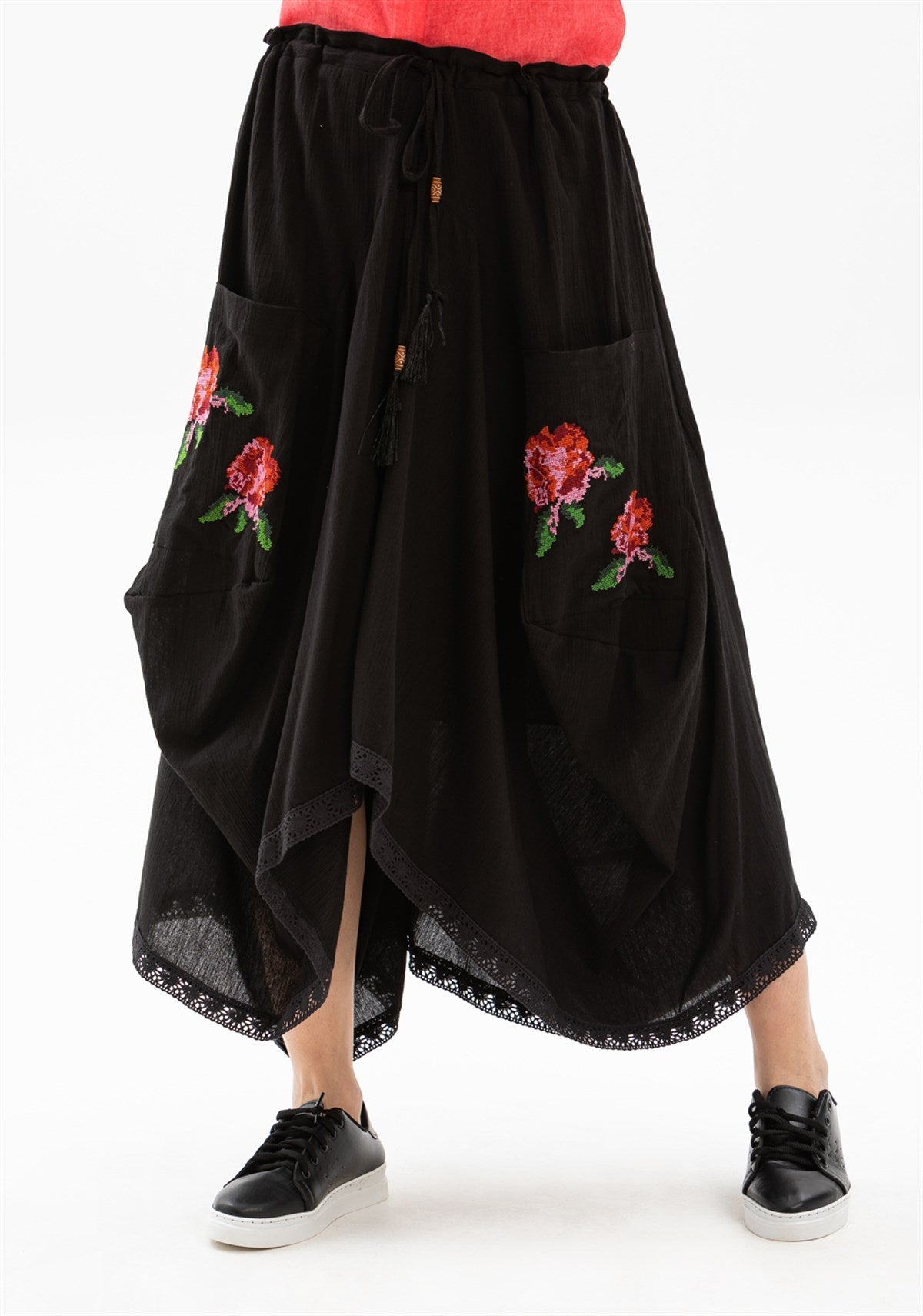 Long Skirt With Cross - stitch Embroidered And Lace - up Waist - trendynow