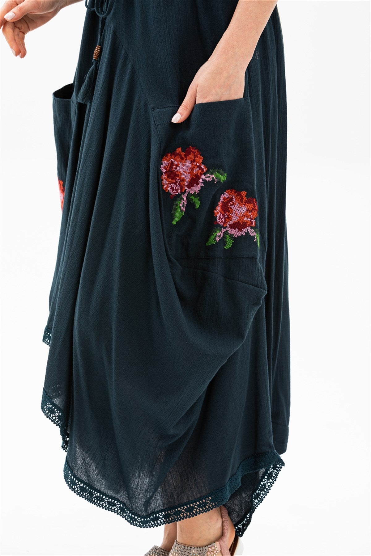 Long Skirt With Cross - stitch Embroidered And Lace - up Waist - trendynow