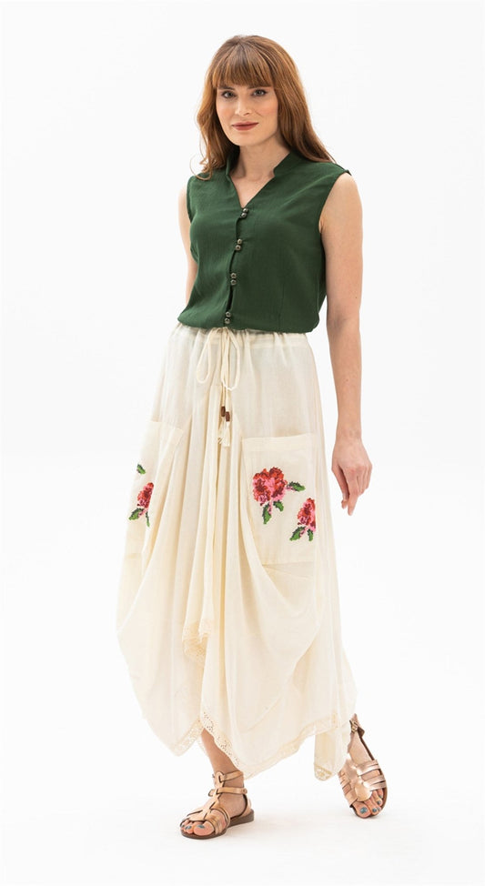 Long Skirt With Cross - stitch Embroidered And Lace - up Waist - trendynow