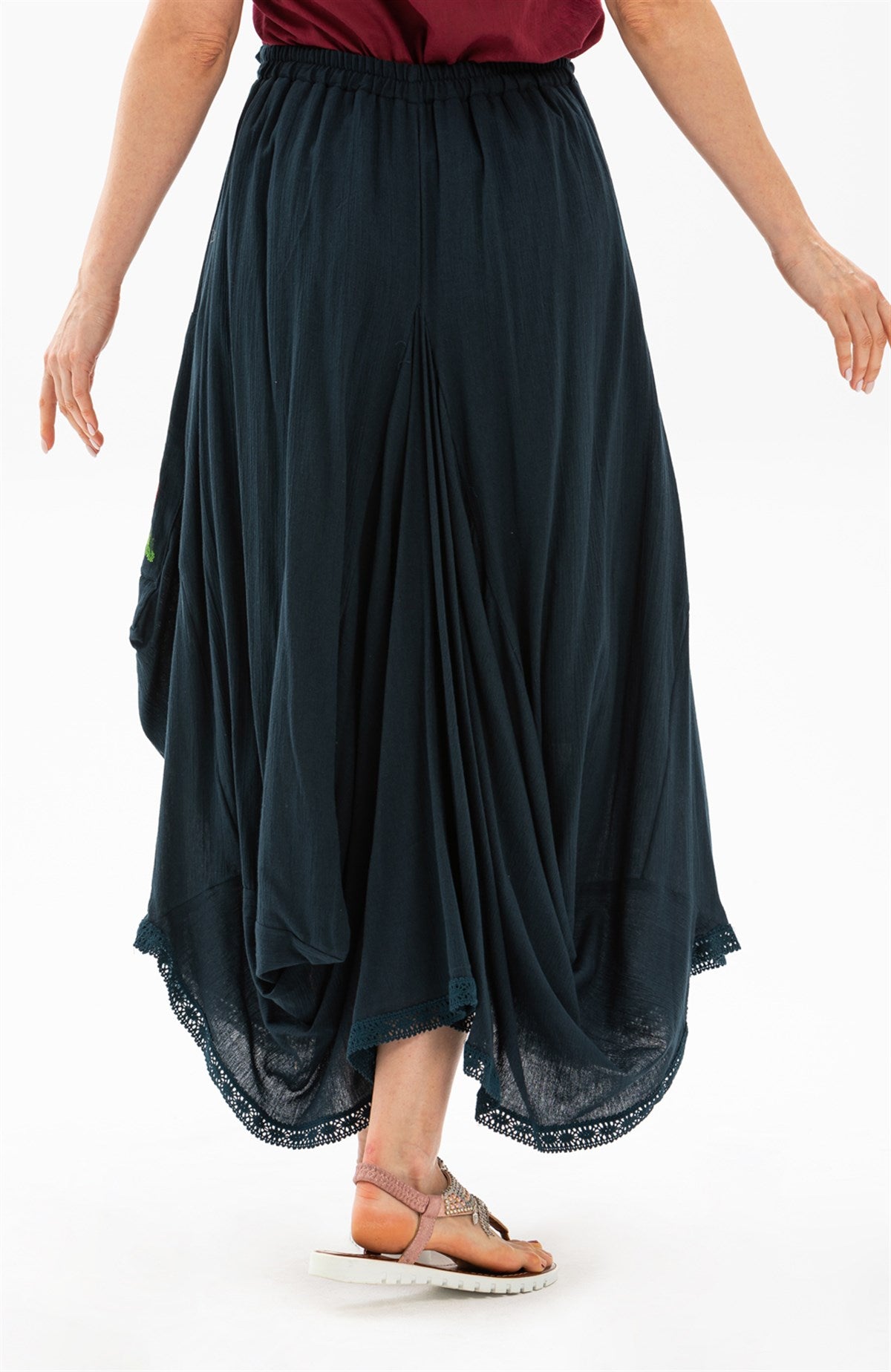 Long Skirt With Cross - stitch Embroidered And Lace - up Waist - trendynow