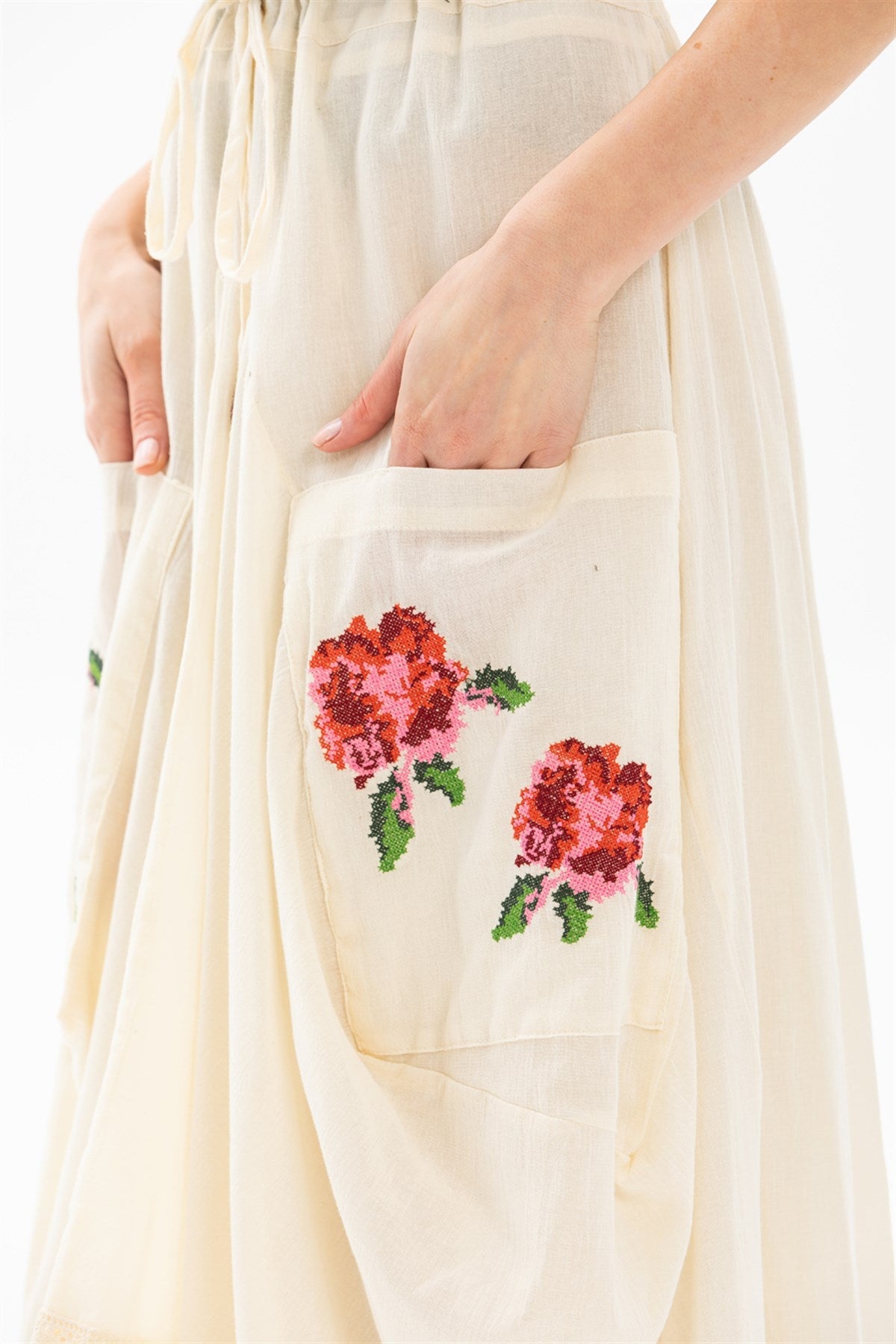 Long Skirt With Cross - stitch Embroidered And Lace - up Waist - trendynow