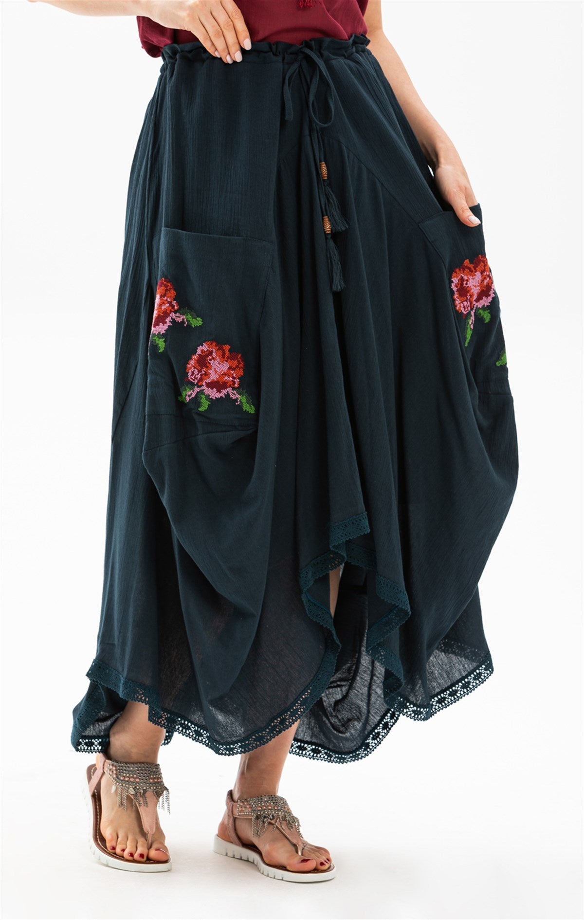 Long Skirt With Cross - stitch Embroidered And Lace - up Waist - trendynow