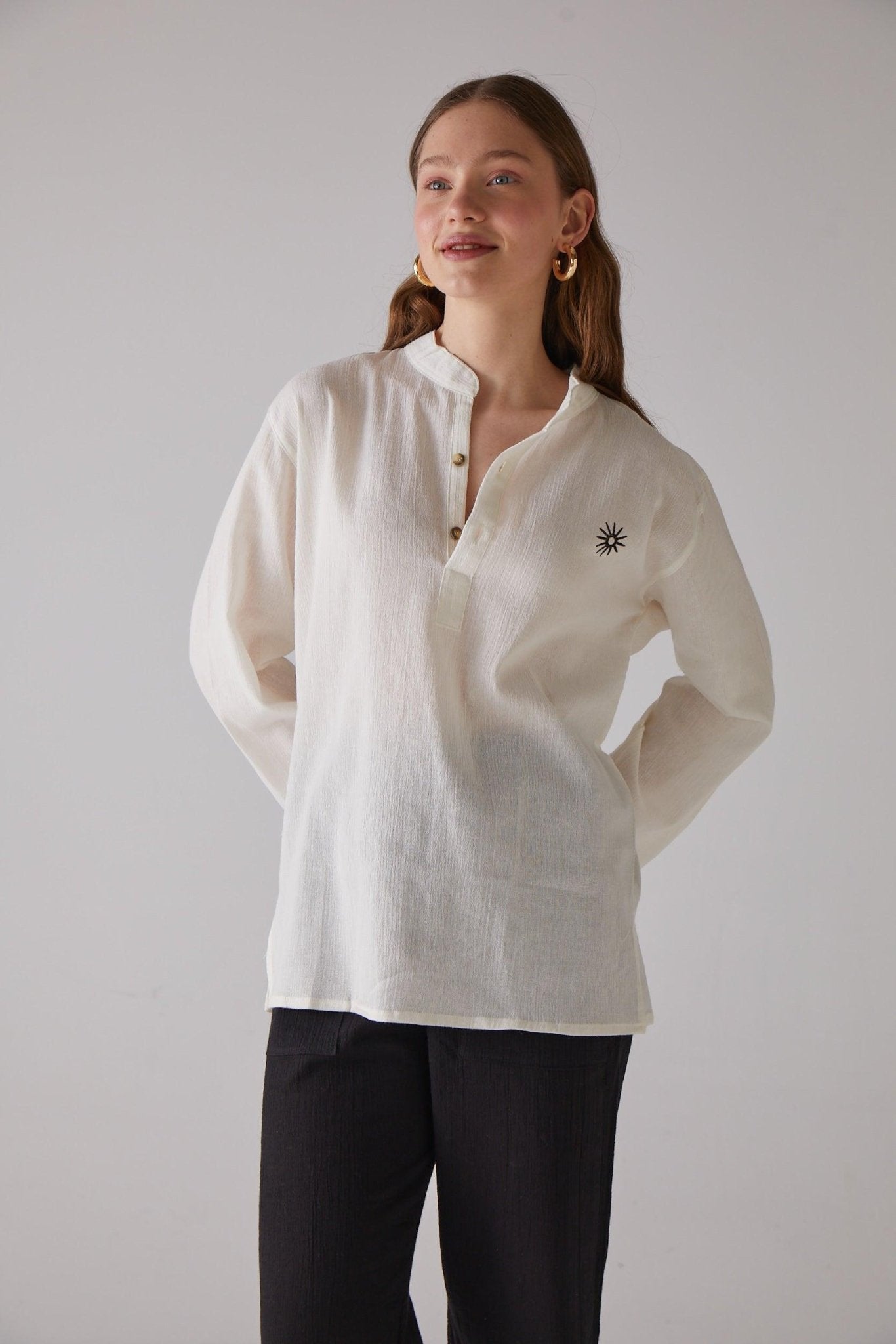 Long - Sleeve Beige Shirt with Loop Design - 100% Organic Cotton - trendynow