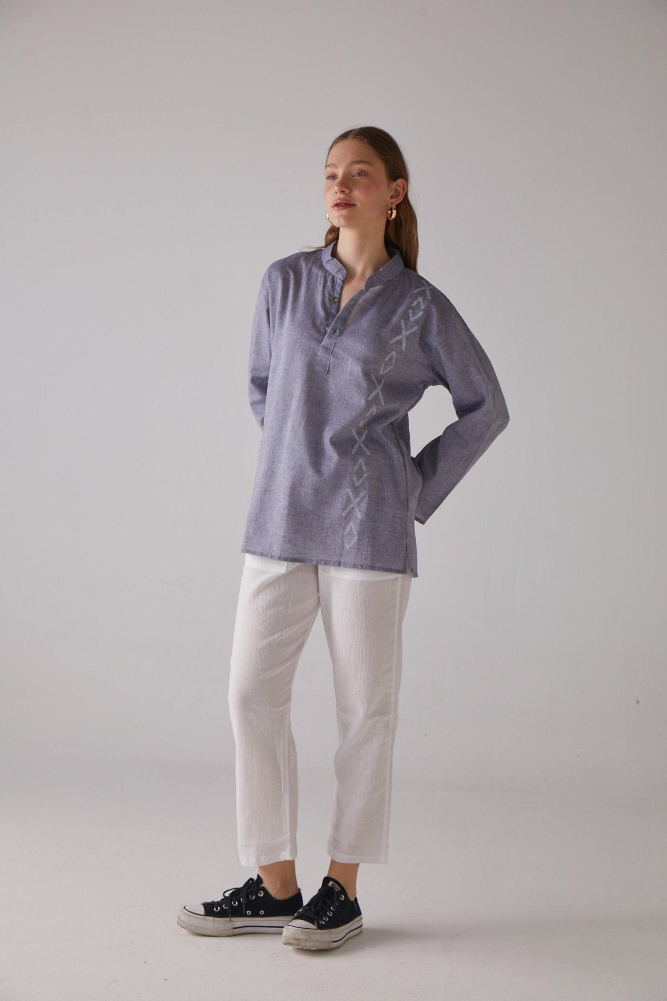 Long - Sleeve Blue X - Cross Pattern Shirt - 100% Organic Cotton - trendynow