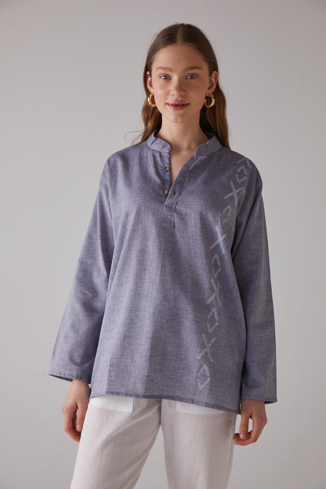 Long - Sleeve Blue X - Cross Pattern Shirt - 100% Organic Cotton - trendynow