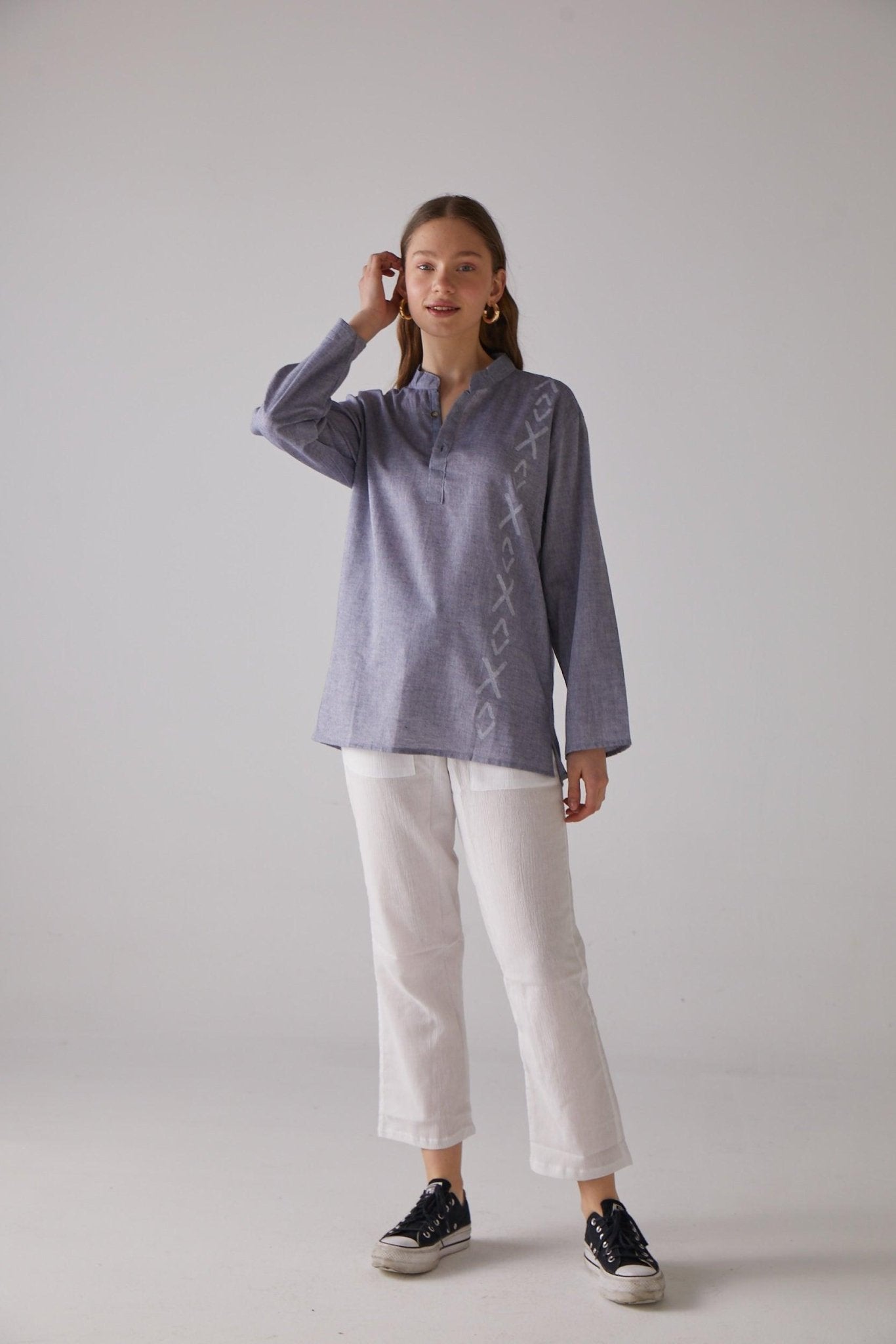 Long - Sleeve Blue X - Cross Pattern Shirt - 100% Organic Cotton - trendynow