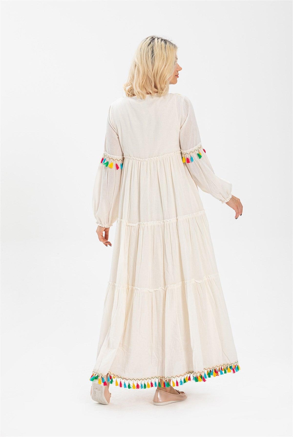 Long Sleeve Colorful Tasseled and Embroidered Long Dress - trendynow