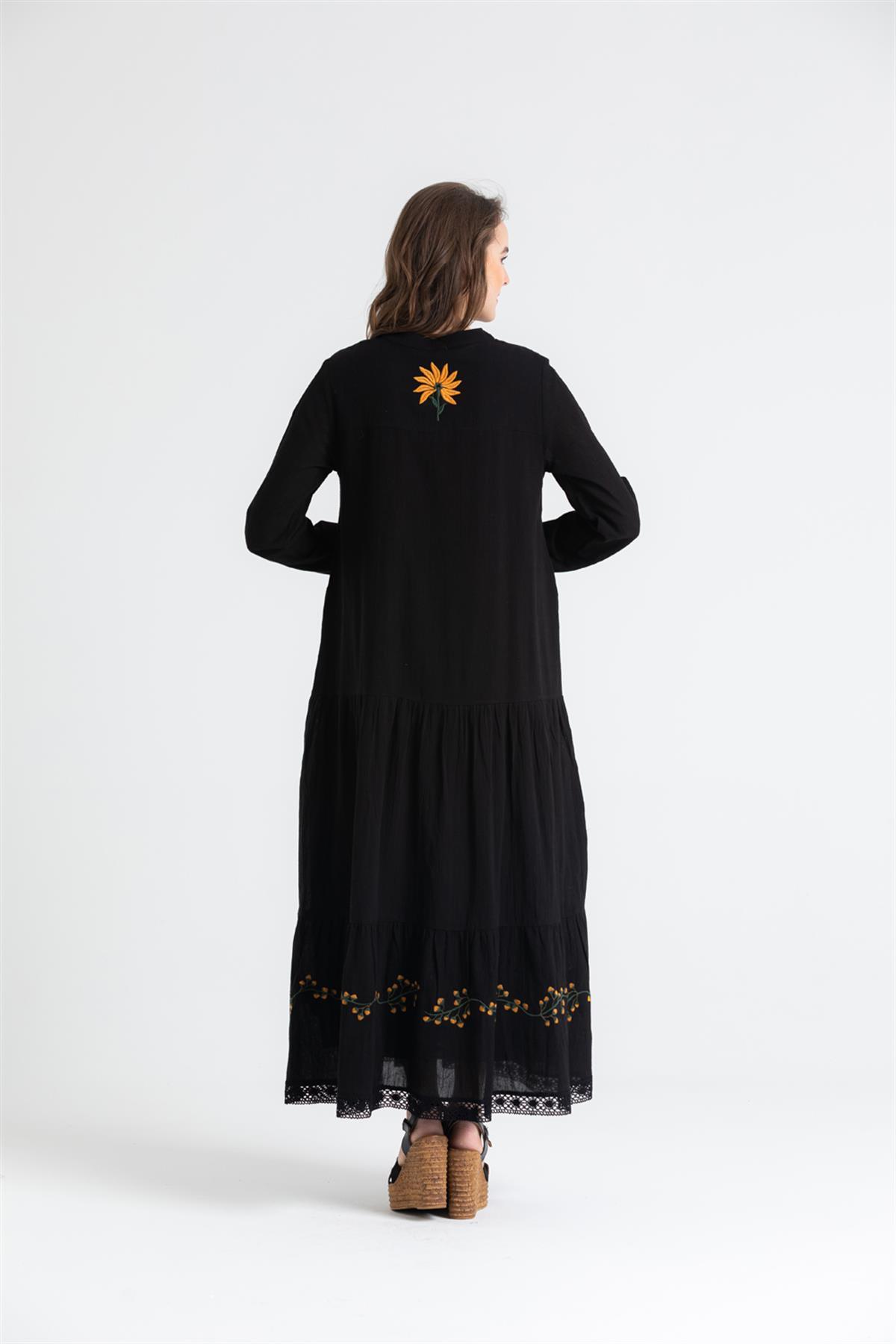 Long - sleeved Sile Cloth Dress With Floral Embroidery And Guipure Lace Detail At The Hem - trendynow