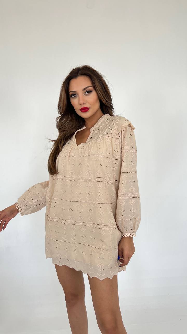 Mandarin Collar Long Sleeve Mini Broderie Smock Dress In Beige - trendynow