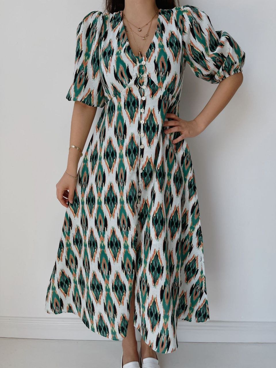 Marbling Pattern Puff Sleeve Midi Linen Dress In Green - trendynow