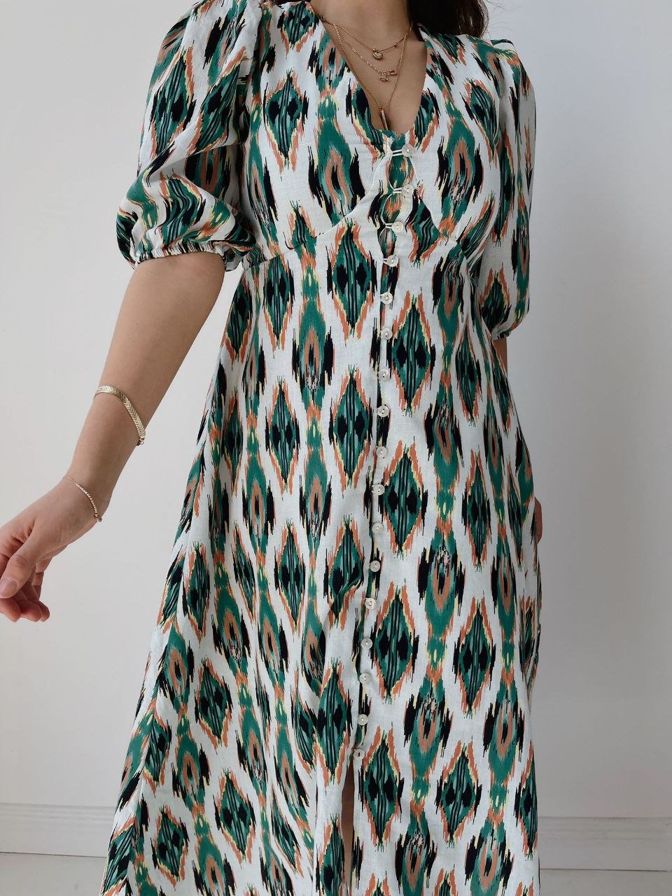 Marbling Pattern Puff Sleeve Midi Linen Dress In Green - trendynow