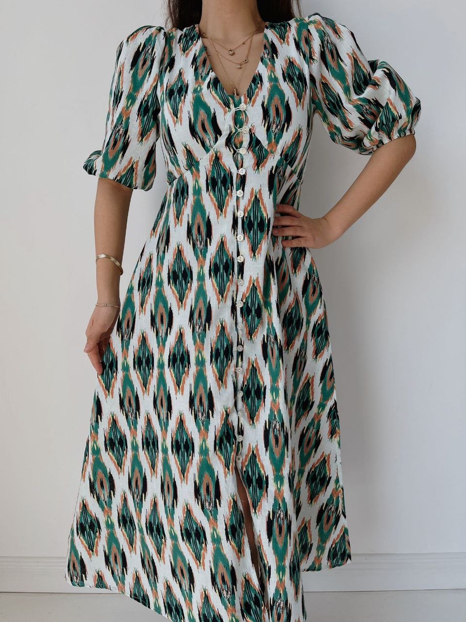 Marbling Pattern Puff Sleeve Midi Linen Dress In Green - trendynow