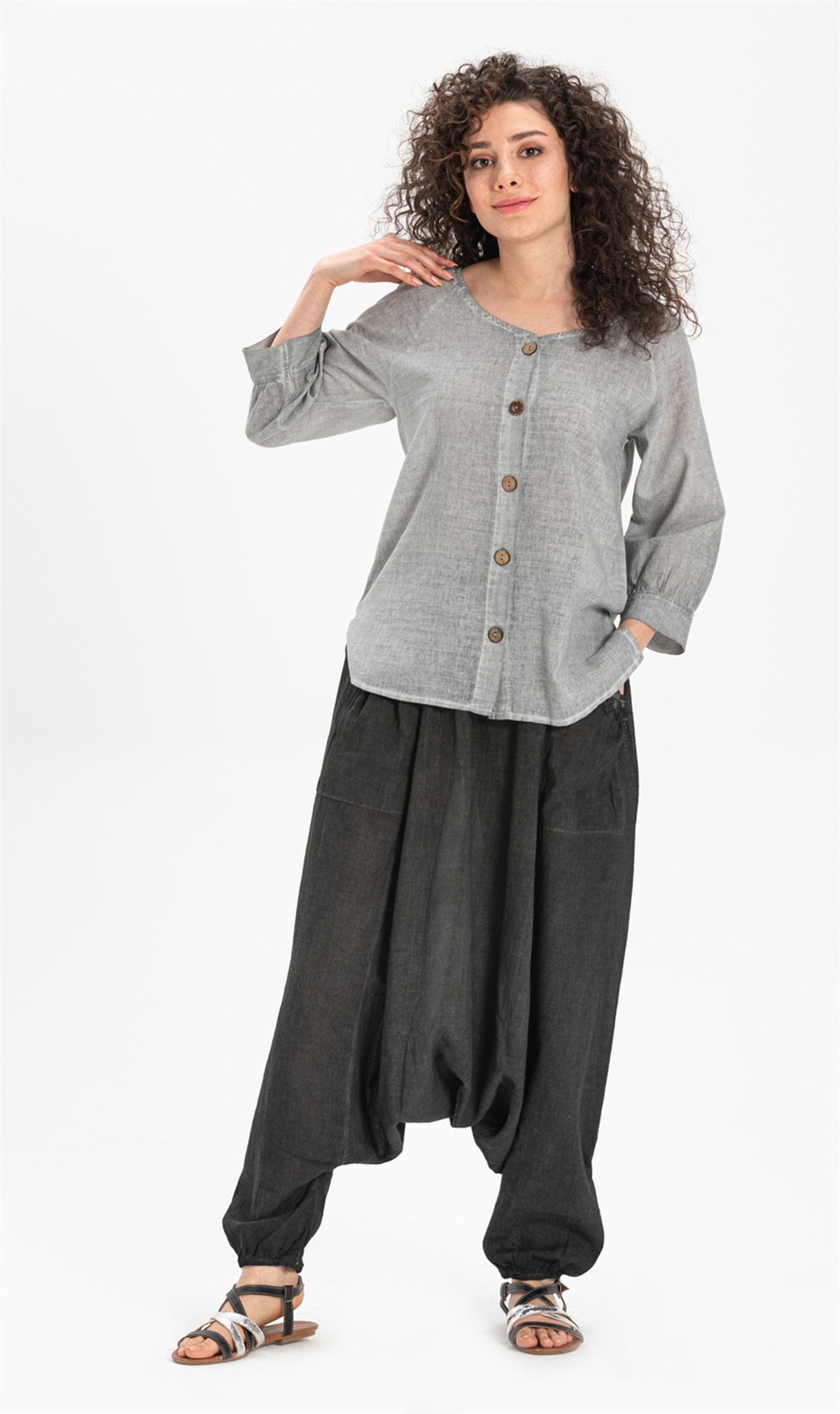 Shalwar en tissu Şile avec taille élastique et poches avant