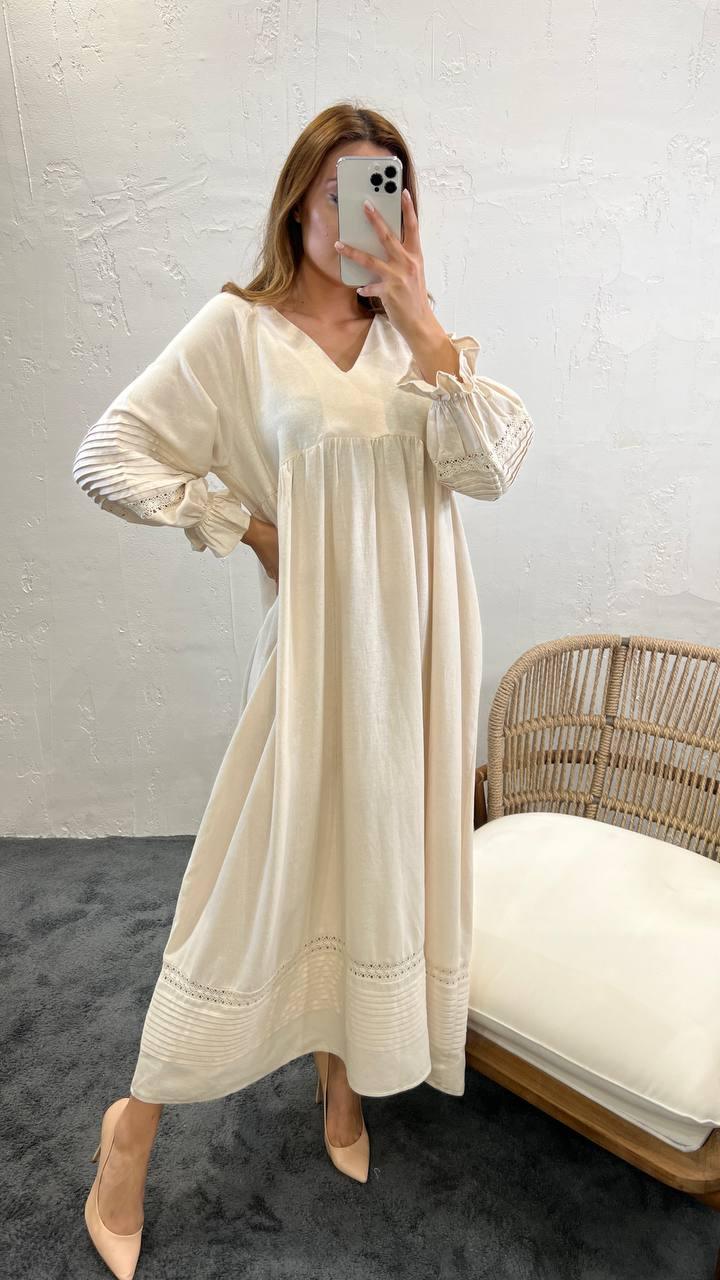 Natural Linen Maxi Smock Dress With Long Puff Sleeves, Ribs And Lace Trim - trendynow