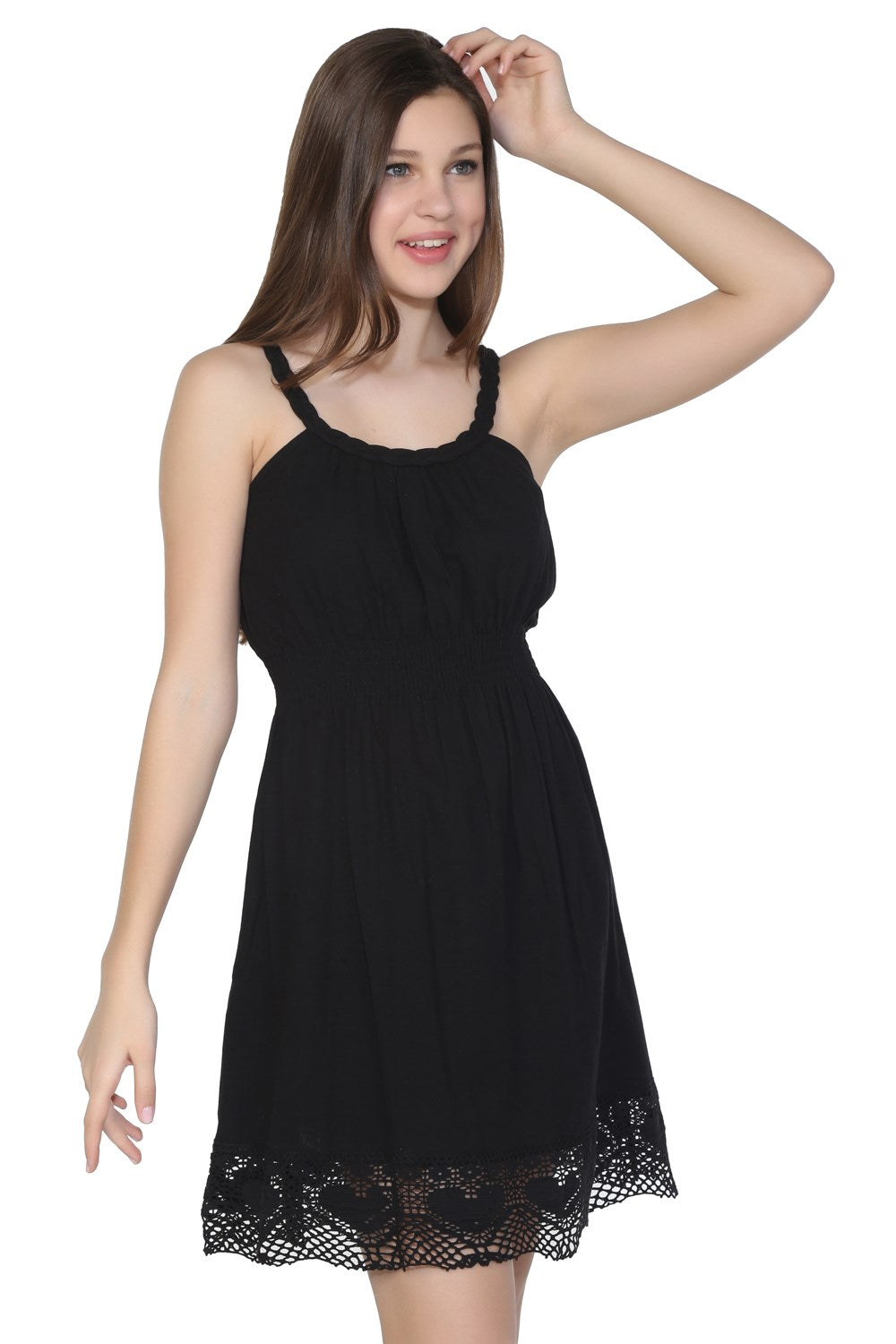 Braided-strap Sile Cloth Mini Dress With Guipure Lace At The Hem