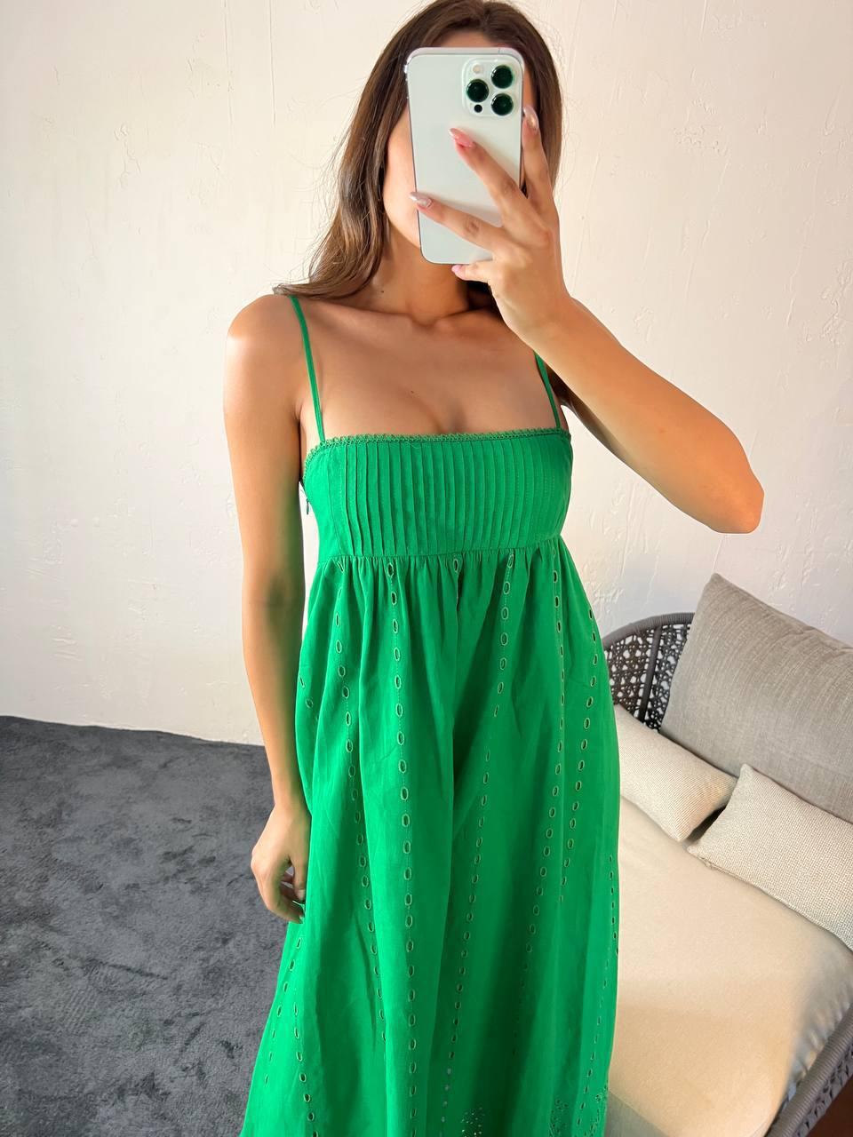 Strappy Square Neck Broderie Maxi Dress In Green With Rib Detail On The Chest - trendynow
