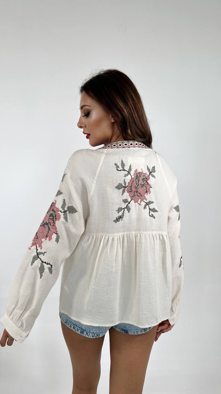Floral Cross-stitch Embroidered Linen Shirt In Natural Beige