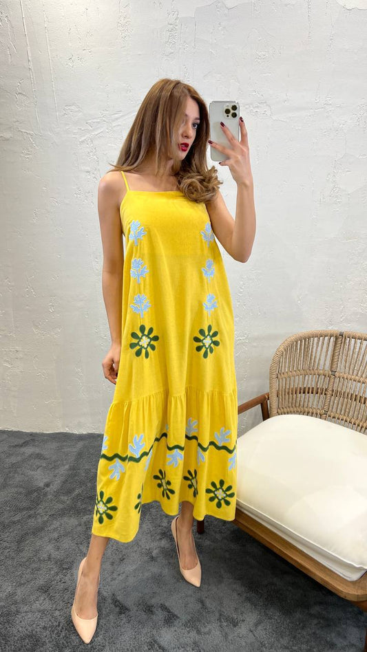 Square Neck Strappy Floral Embroidered Midi Dress In Yellow