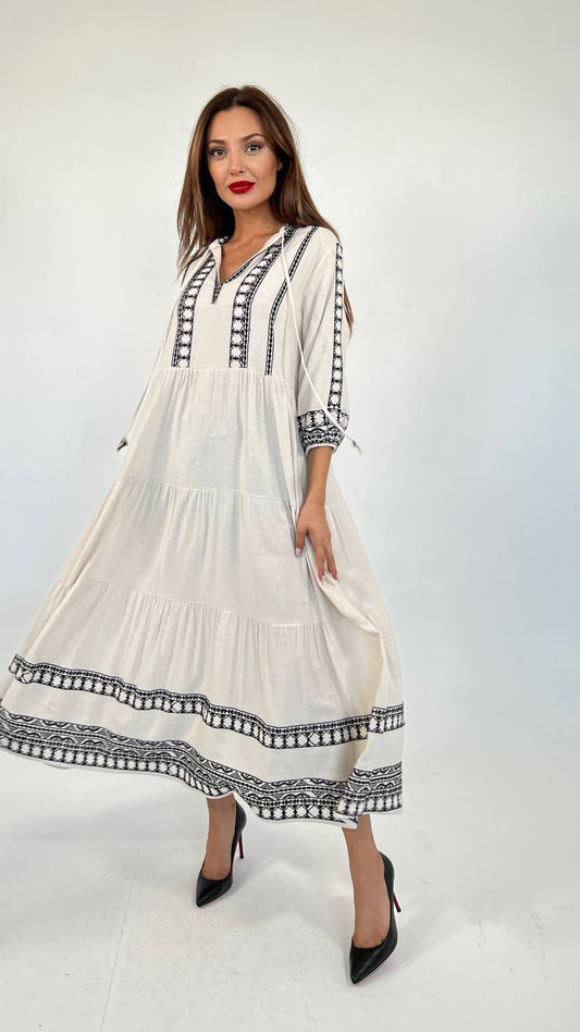 Ethnic Embroidered Long Slevees Midi Linen Smock Dress In Natural Beige