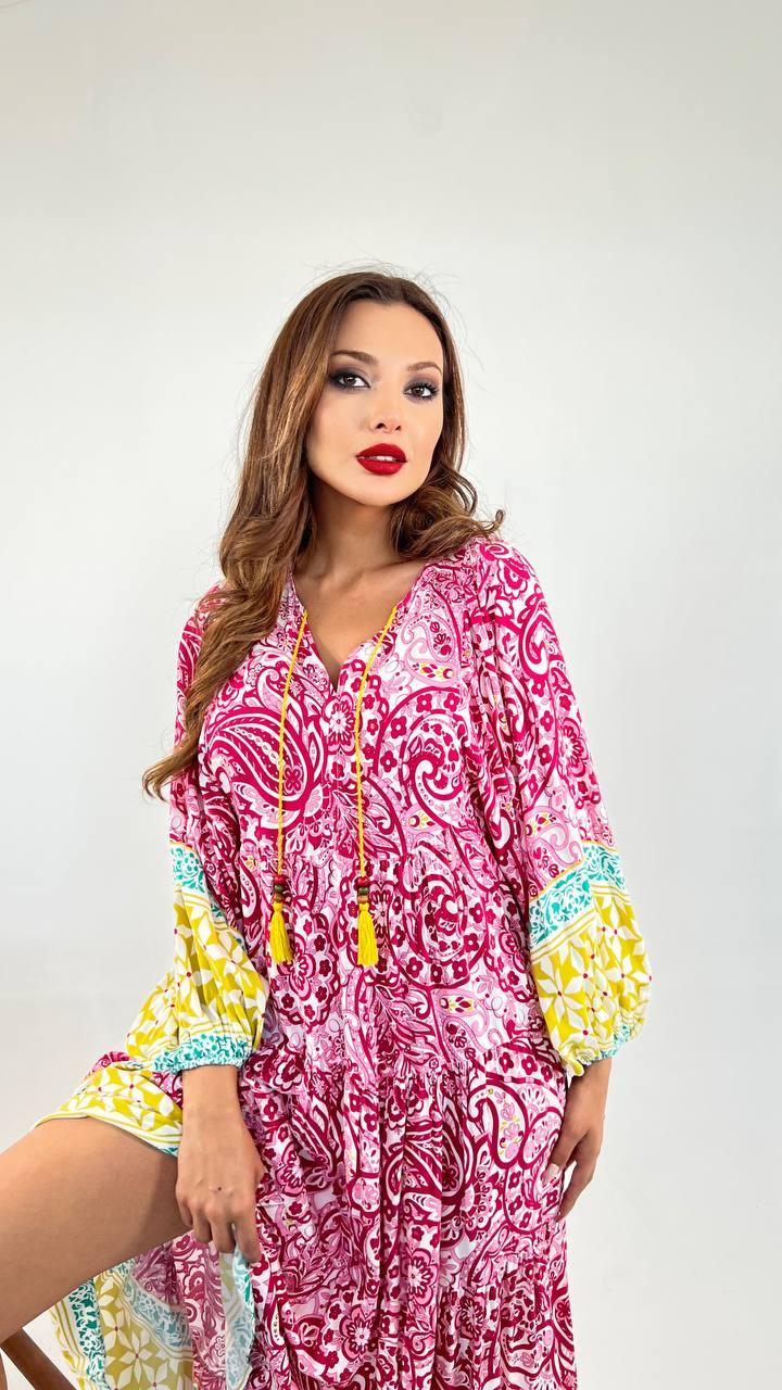 Batwing Sleeve Maxi Dress in Mandala Print with Tassels Details - trendynow