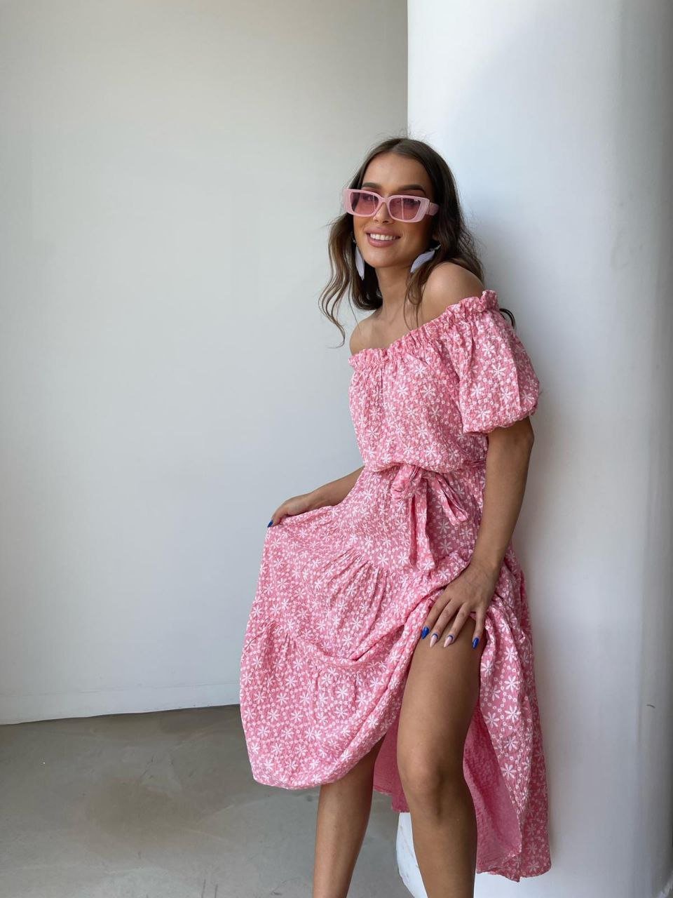 Puff Sleeve Off - the shoulder Floral Seersucker Midi Dress In Pink With Tie Waist - trendynow