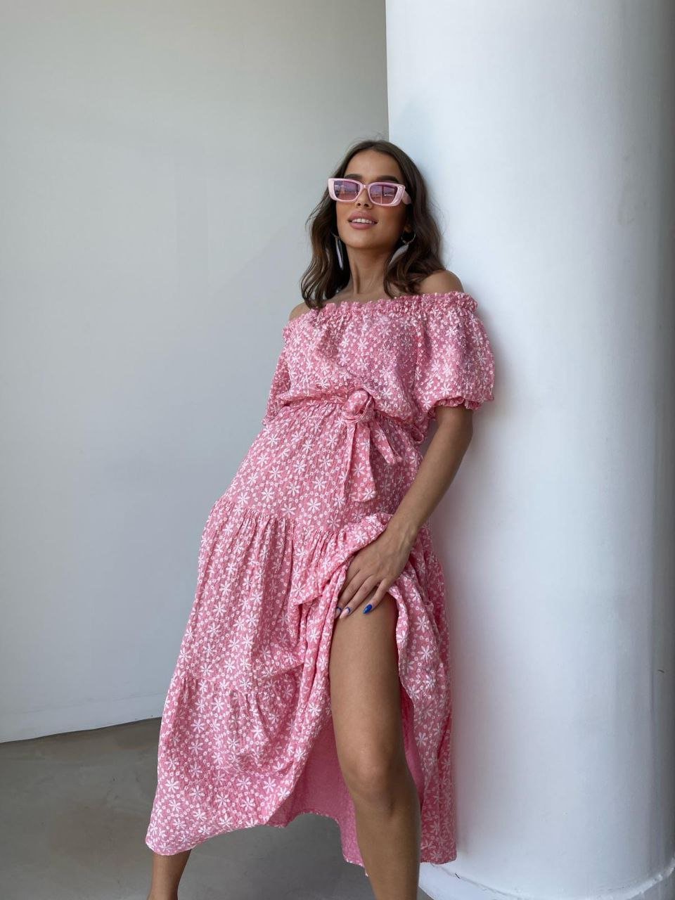 Puff Sleeve Off - the shoulder Floral Seersucker Midi Dress In Pink With Tie Waist - trendynow