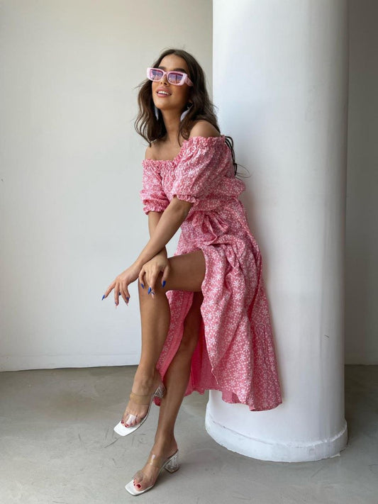 Puff Sleeve Off - the shoulder Floral Seersucker Midi Dress In Pink With Tie Waist - trendynow