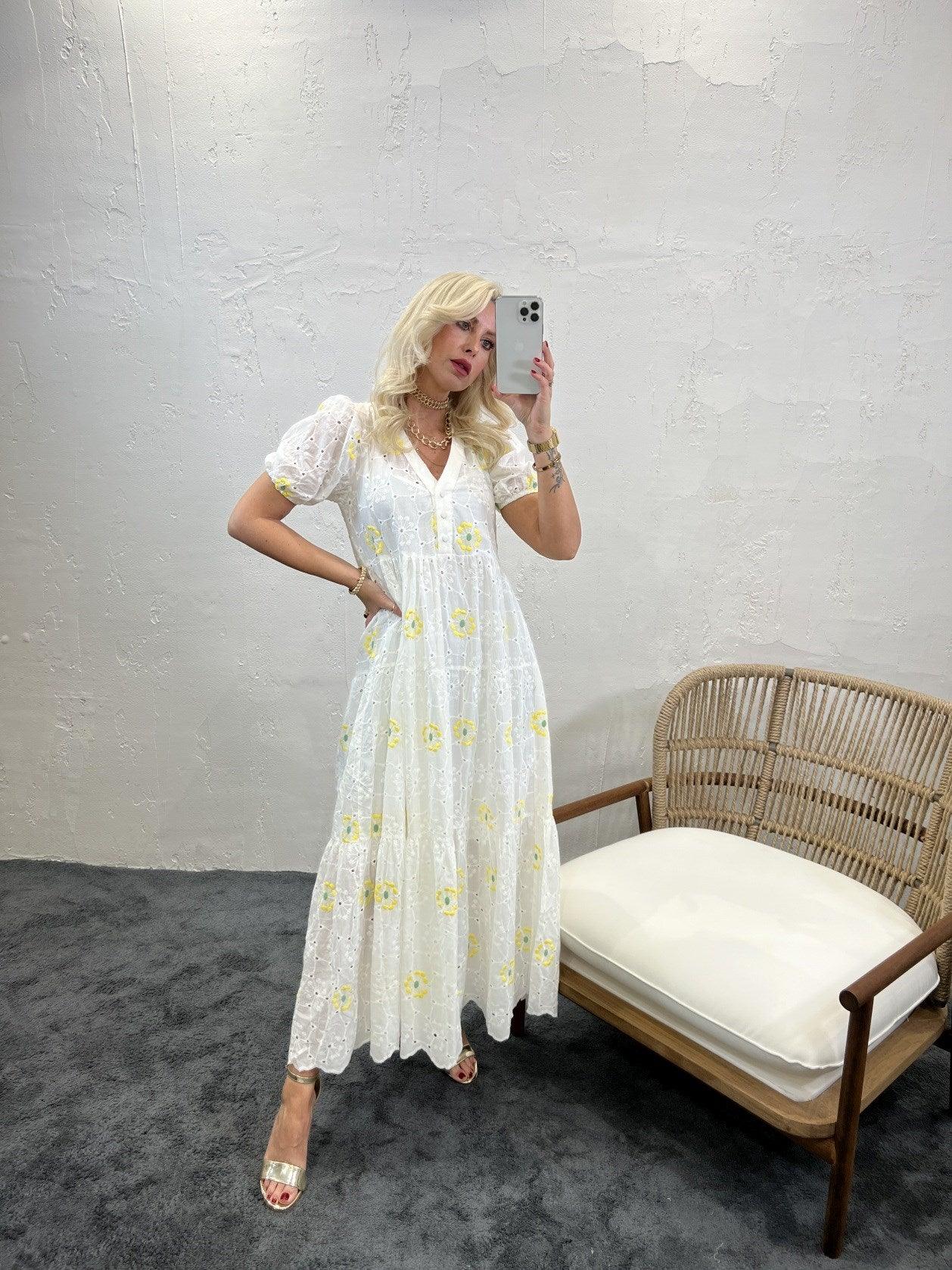 Short Puff Sleeve Maxi Broderie Dress in White with Yellow Floral Embroidery - trendynow