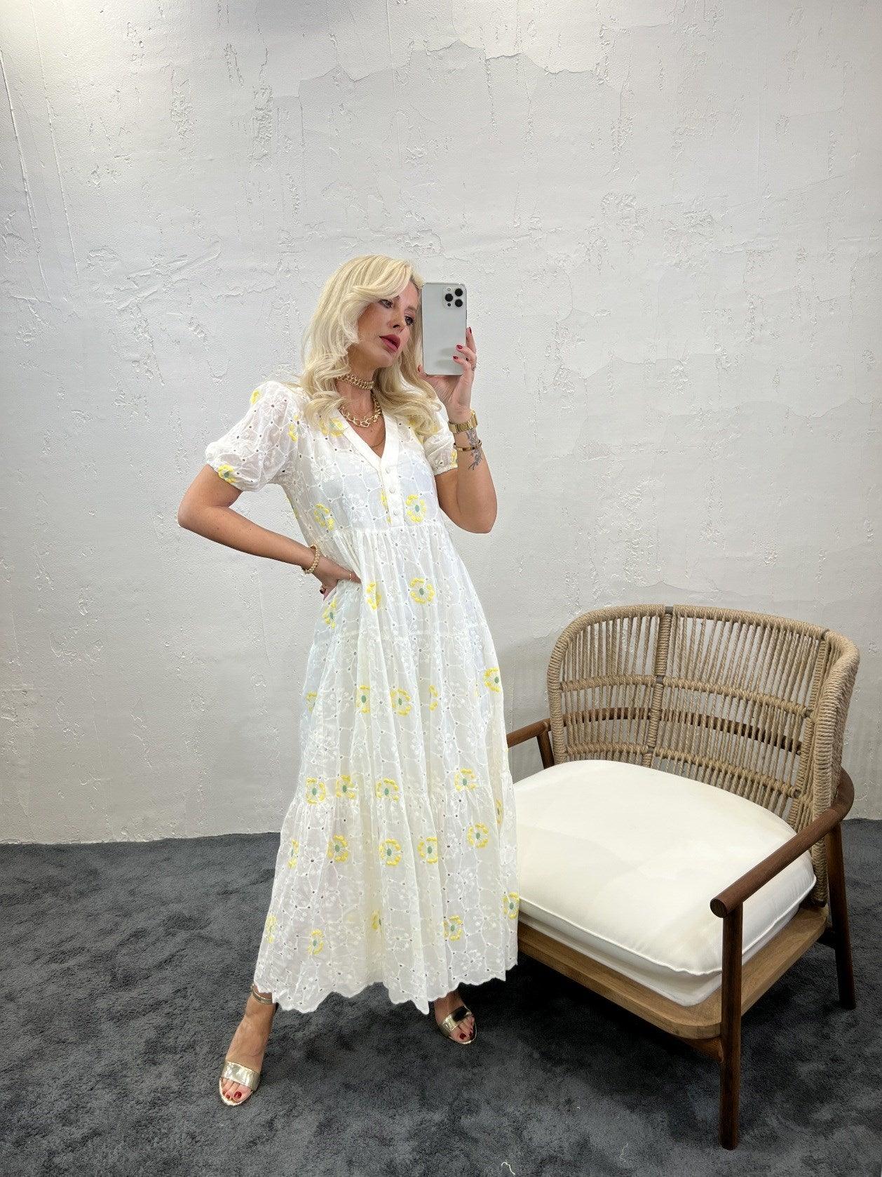 Short Puff Sleeve Maxi Broderie Dress in White with Yellow Floral Embroidery - trendynow