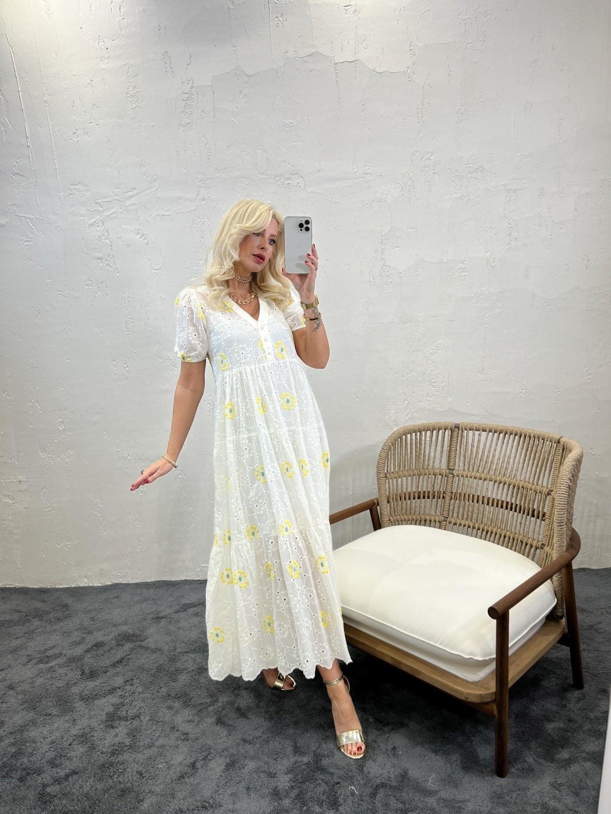 Short Puff Sleeve Maxi Broderie Dress in White with Yellow Floral Embroidery - trendynow