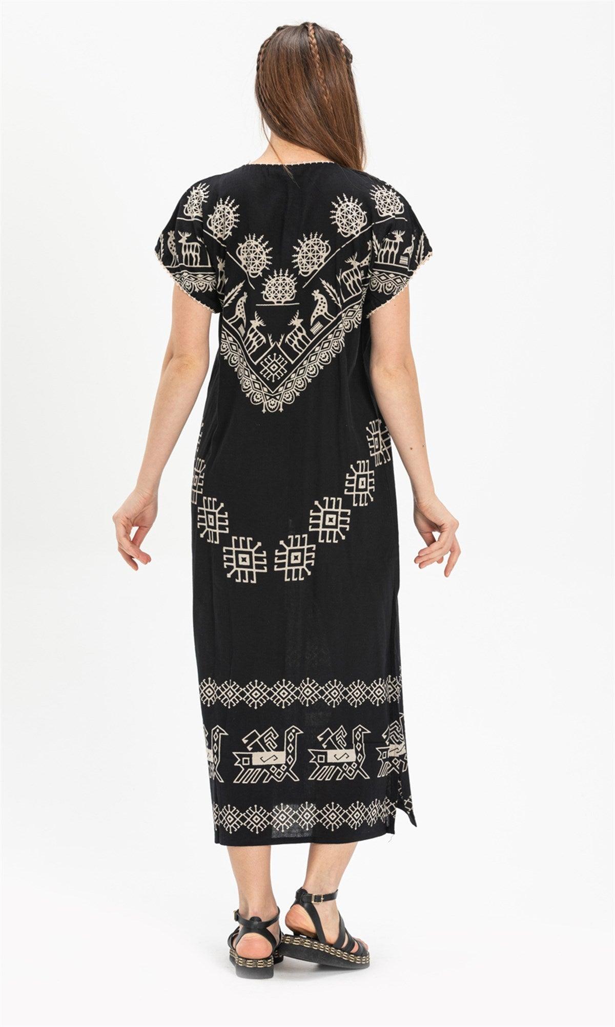 Short Sleeve Cotton Geo Printed Long Dress - trendynow