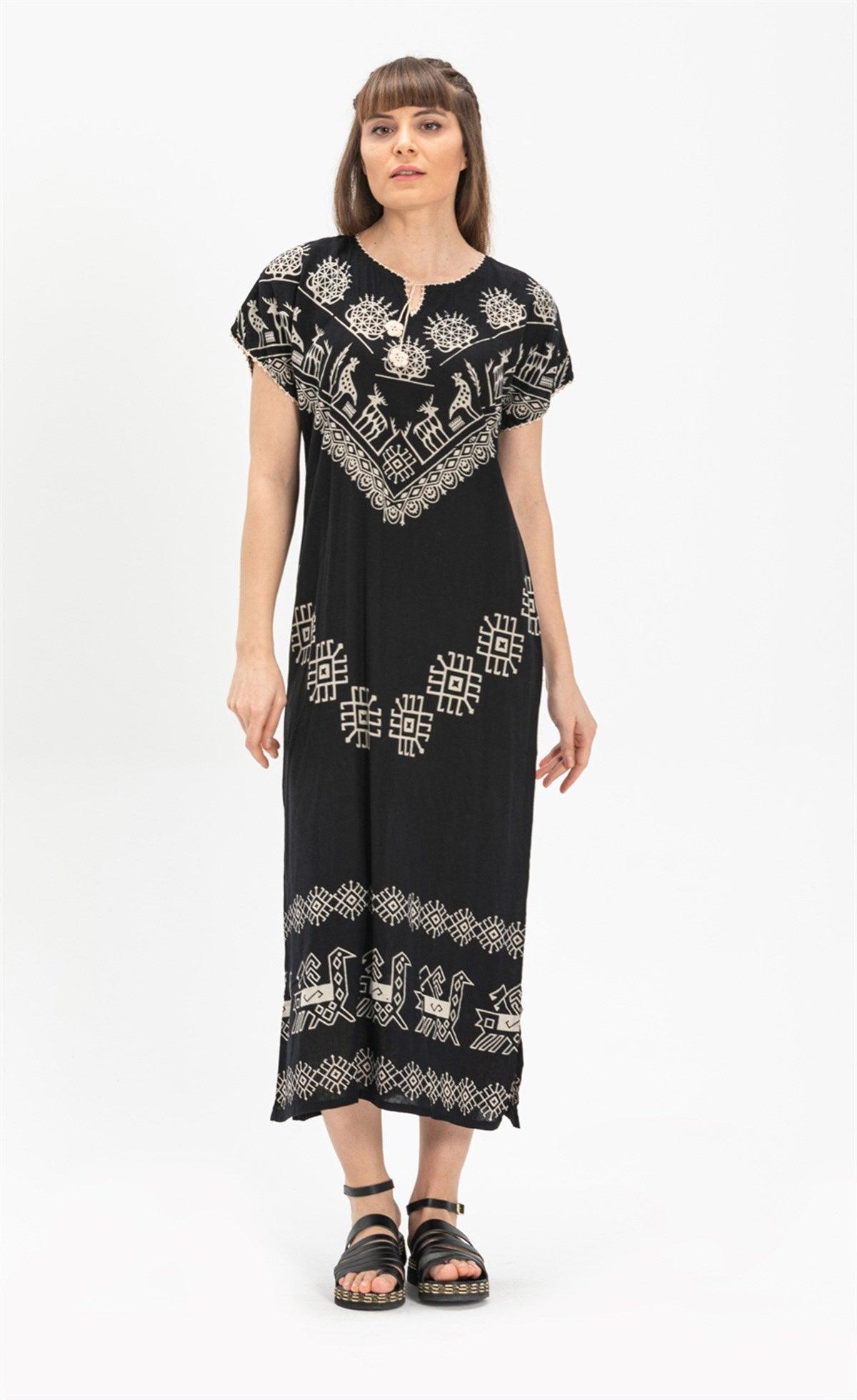 Short Sleeve Cotton Geo Printed Long Dress - trendynow