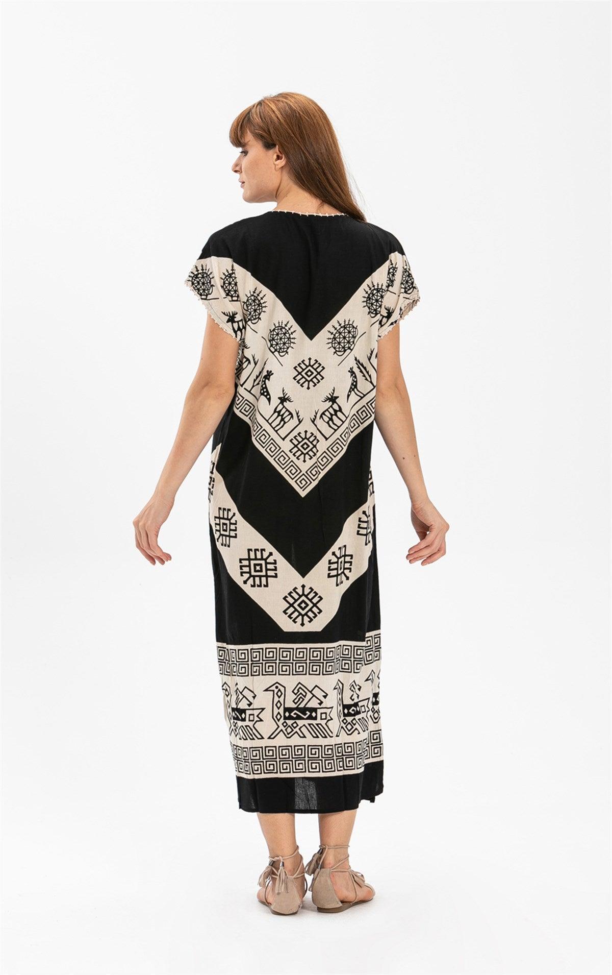 Short Sleeve Cotton Geo Printed Long Dress - trendynow