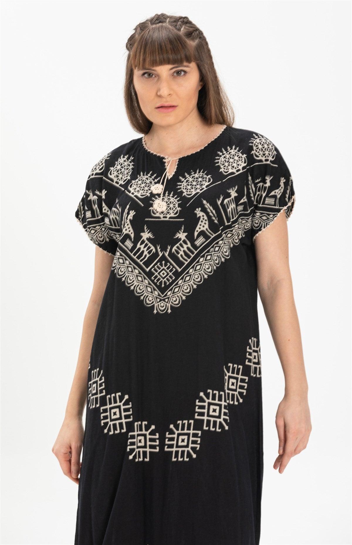 Short Sleeve Cotton Geo Printed Long Dress - trendynow