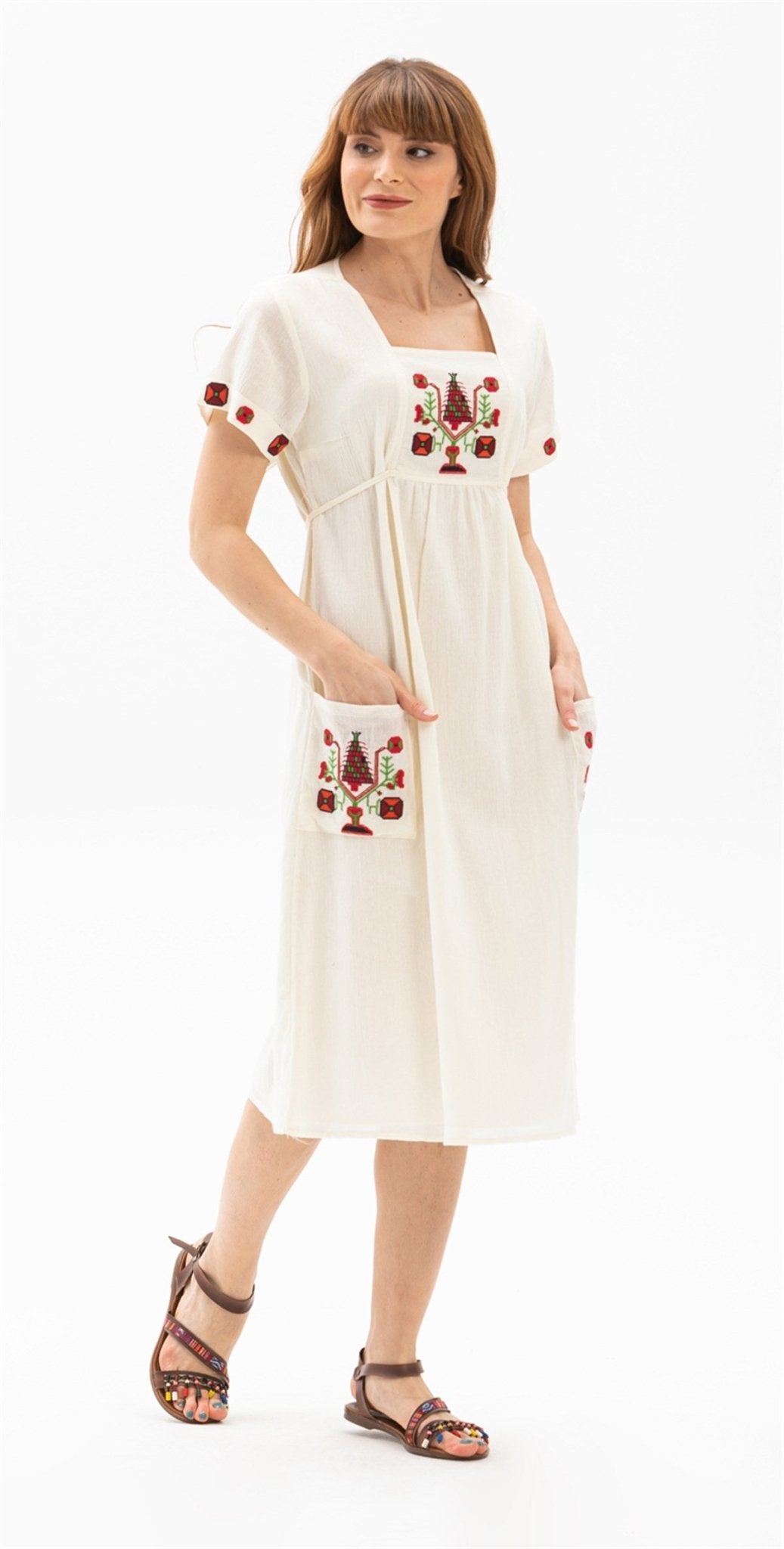 Short Sleeve Ethnic Embroidered Long Dress Made of Sile Cloth - trendynow