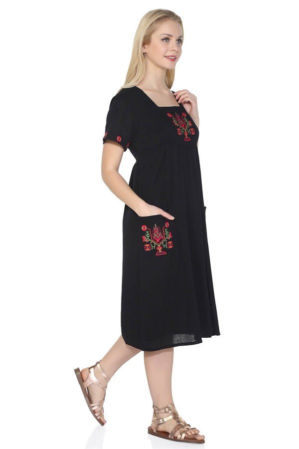 Short Sleeve Ethnic Embroidered Long Dress Made of Sile Cloth - trendynow