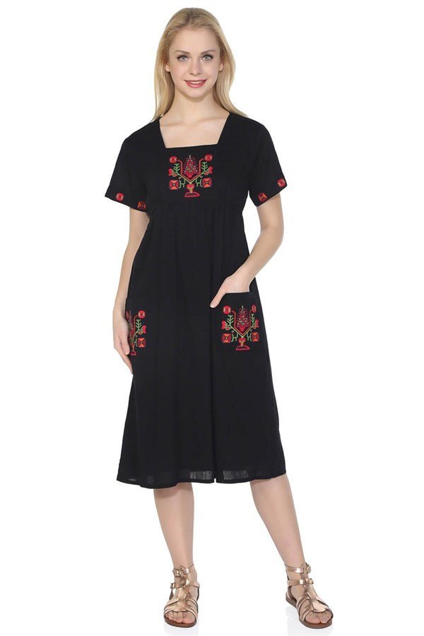 Short Sleeve Ethnic Embroidered Long Dress Made of Sile Cloth - trendynow