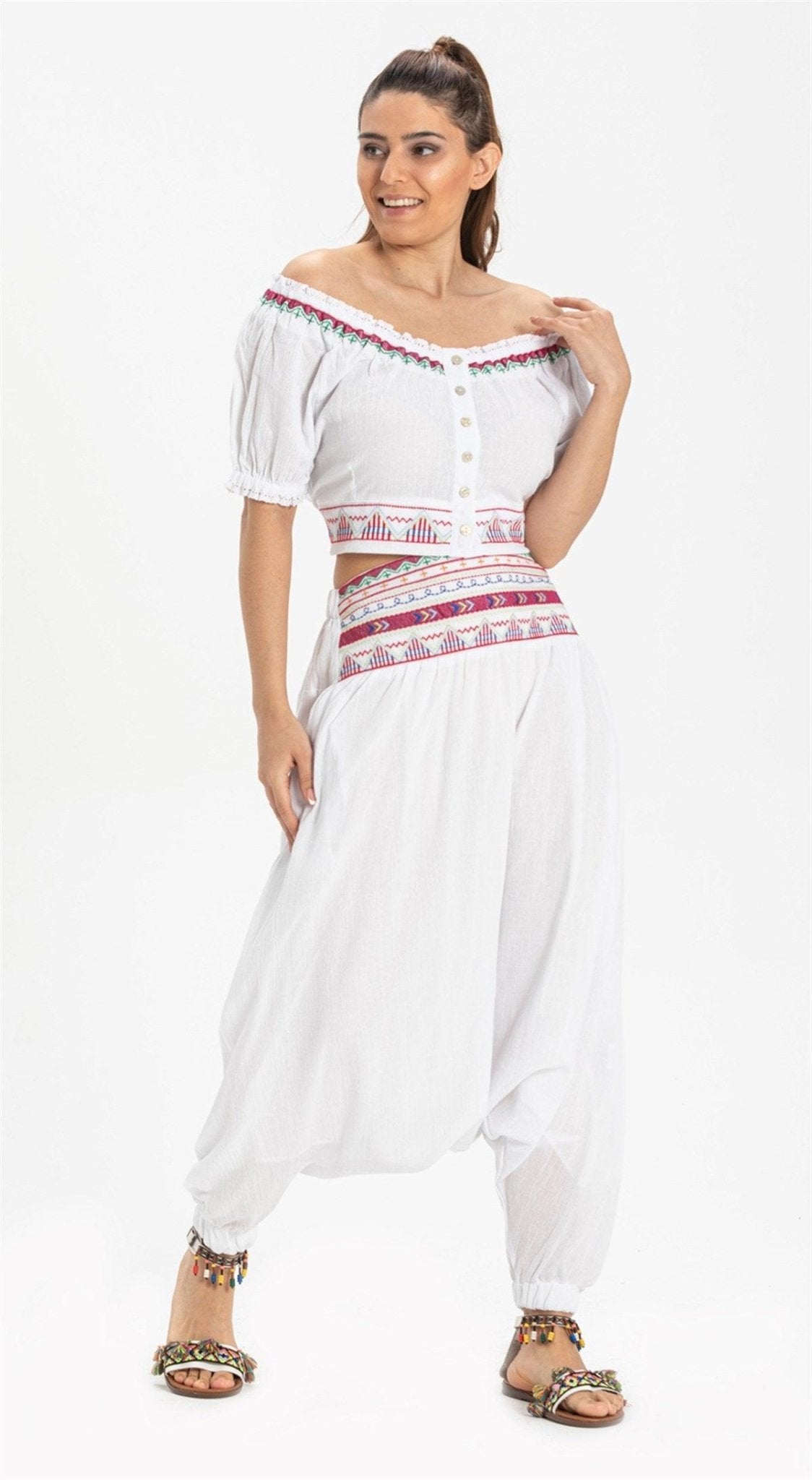 Short Sleeve Off The Shoulder Ethnic Embroidered Button Down White Bustier - trendynow