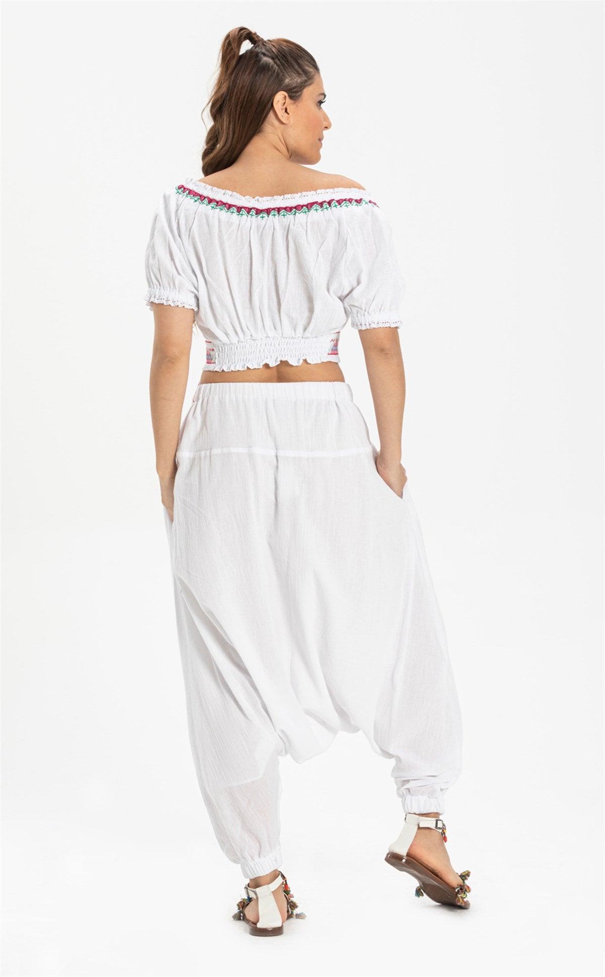 Short Sleeve Off The Shoulder Ethnic Embroidered Button Down White Bustier - trendynow