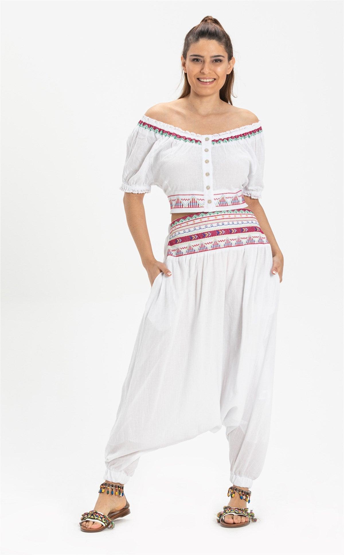 Short Sleeve Off The Shoulder Ethnic Embroidered Button Down White Bustier - trendynow